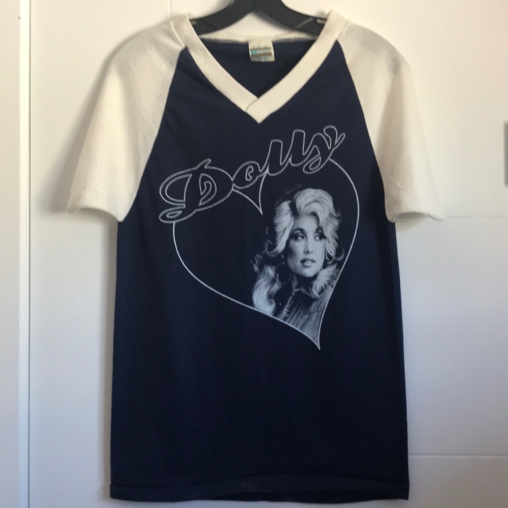 Vintage 70s V Neck Dolly Parton Printed Upcyled T Shirt size Small